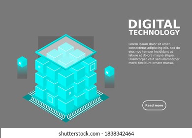 Isometric Digital Technology Web Banner. BIG DATA Machine Learning Algorithms. Analysis and Information. Big Data Access Storage Distribution Information Management and Analysis.