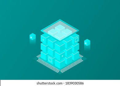 Banner web de tecnología digital isométrica. GRANDES Algoritmos de aprendizaje automático de datos. Análisis e información. Administración y Análisis de la Información de Distribución de Almacenamiento de Información de Big Data Access.