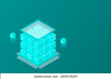 Banner web de tecnología digital isométrica. GRANDES Algoritmos de aprendizaje automático de datos. Análisis e información. Administración y Análisis de la Información de Distribución de Almacenamiento de Información de Big Data Access.
