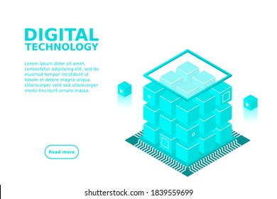 Isometric Digital Technology Web Banner. BIG DATA Machine Learning Algorithmen. Analyse und Information. Management und Analyse von Speicherinformationen für den Big Data Access-Zugriff.