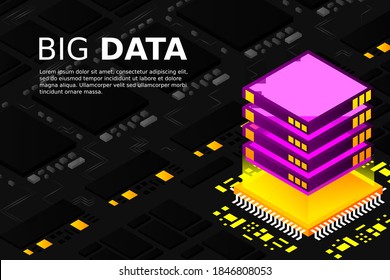 Banner web de tecnología digital isométrica. GRANDES Algoritmos de aprendizaje automático de datos. Análisis e información. Administración y Análisis de la Información de Distribución de Almacenamiento de Información de Big Data Access.
