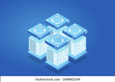 Isometric Digital Technology Web Banner. BIG DATA Machine Learning Algorithms. Analysis and Information. Big Data Access Storage Distribution Information Management and Analysis.