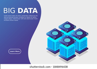 Isometric Digital Technology Web Banner. BIG DATA Machine Learning Algorithmen. Analyse und Information. Management und Analyse von Speicherinformationen für den Big Data Access-Zugriff.