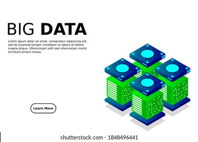 Isometric Digital Technology Web Banner. BIG DATA Machine Learning Algorithms. Analysis and Information. Big Data Access Storage Distribution Information Management and Analysis.