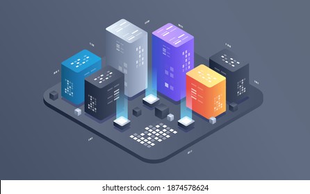 Isometric Digital Technology Web Banner. BIG DATA Machine Learning Algorithms. interacting Data analysis, research, audit, demographics, Artificial Intelligence, isometric visualization concept