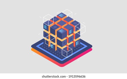 Isometric Digital Technology Web Banner. BIG DATA Machine Learning Algorithms. interacting Data analysis, research, audit, demographics, Artificial Intelligence, isometric visualization concept