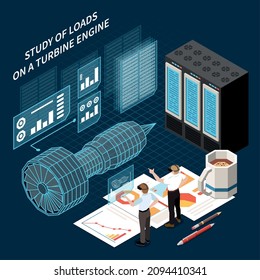 Isometric digital twin technology composition with virtual 3d model of turbine engine and researchers wearing vr headset vector illustration