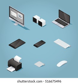 Isometric digital vector objects set illustration. Collection of computers and supplies: desktop, speakers, laptop, tablet, phone, keyboard, printer, track pad, mouse.