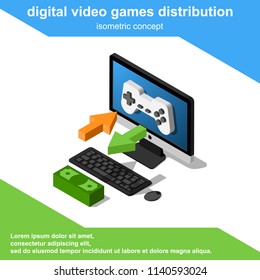 Isometric digital video games distribution concept vector illustration. E-commerce icon.