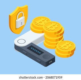 Isometric Digital Wallet technology for cryptocurrency bitcoin. Digital wallet application on mobile