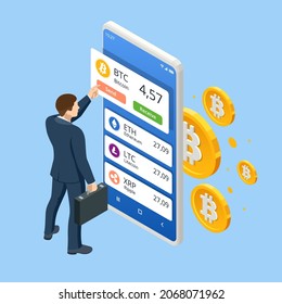 Isometric Digital Wallet technology for cryptocurrency bitcoin. Digital wallet application on mobile