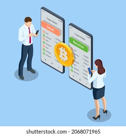 Isometric Digital Wallet technology for cryptocurrency bitcoin. Digital wallet application on mobile