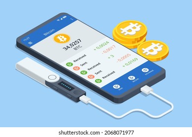 Isometric Digital Wallet technology for cryptocurrency bitcoin. Digital wallet application on mobile