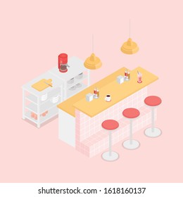 Isometric diner in pink. Vector illustration in flat design, isolated.