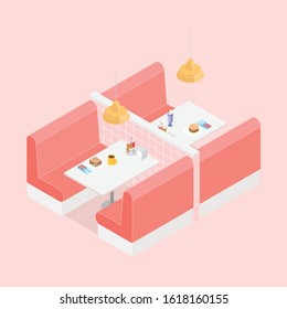 Isometric diner in pink. Vector illustration in flat design, isolated.