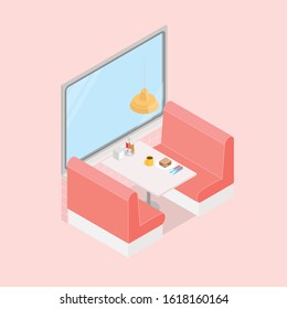 Isometric diner in pink. Vector illustration in flat design, isolated.