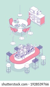 Isometric dining room, bar, restaurant, work place, cafeteria. Vector illustration in flat design, isolated. Outlined, linear style.