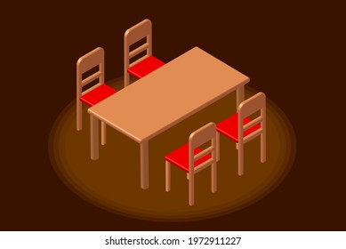 Isometric Dining Room. Isometric Dining Table And Red Chair In Dark Brown Room. 3D Rendering.