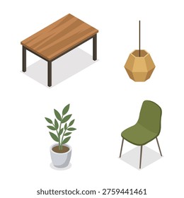 Isometric dining table set with green chair and plant illustration