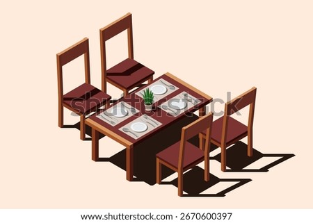 Isometric dining table. Wooden dining table. Wooden table and chairs. Isometric dining room furniture. Isometric home furniture