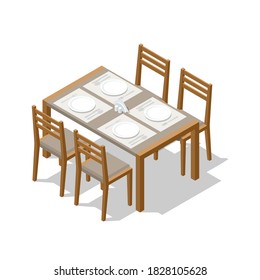 Una mesa de madera de montaje isométrico con cuatro sillas aisladas en blanco. Cena En El Restaurante. Ilustración vectorial en estilo plano aislado en fondo blanco