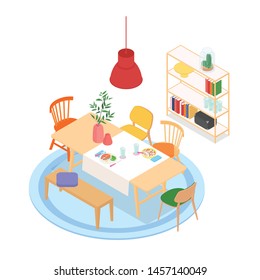 Isometric dinning room on white. Vector illustration in flat design, isolated.