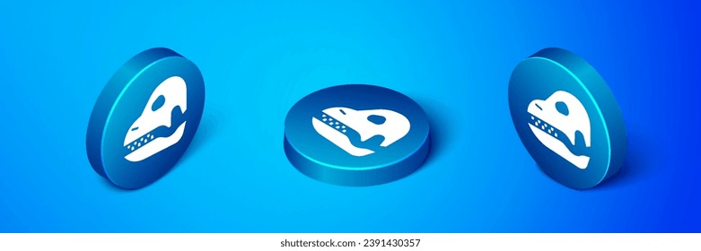 Isometric Dinosaur skull icon isolated on blue background. Blue circle button. Vector