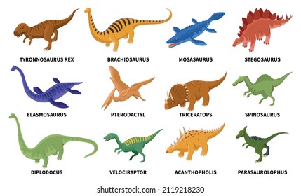 Isometric dinosaurs color animals set with isolated icons of colored prehistoric reptiles with editable text captions vector illustration