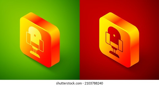Isometric Director movie chair icon isolated on green and red background. Film industry. Square button. Vector