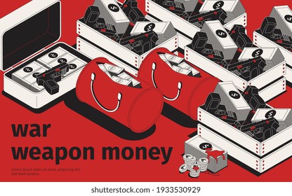 Composición isométrica de dinero sucio con armas y billetes en maleta ilustración vectorial