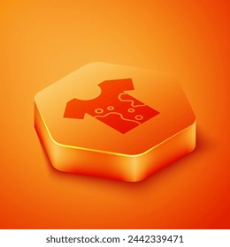 Isometric Dirty t-shirt icon isolated on orange background. Orange hexagon button. Vector