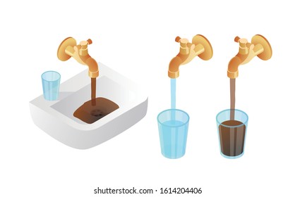 Isometric Dirty Water Pour Faucet. Clean And Dirty Glass Water. Problem Of Pollution Water Concept. Elements For Illustration