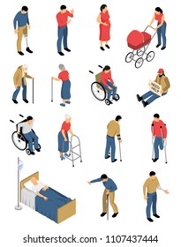 Isometric disable people set of isolated colourful images with human characters of people with impaired mobility vector illustration