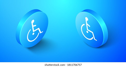 Isometric Disabled handicap icon aislado en fondo azul. Señal de discapacidad en silla de ruedas. Botón de círculo azul. Vector.