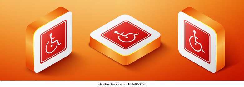 Isometric Disabled handicap icon isolated on orange background. Wheelchair handicap sign. Orange square button. Vector.