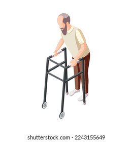 Isometric disabled man with walking frame 3d vector illustration