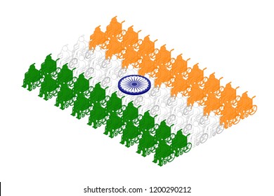 Isometric disabled man with wheelchair icon pictogram in row, India national flag shape concept design illustration isolated on white background, Editable stroke