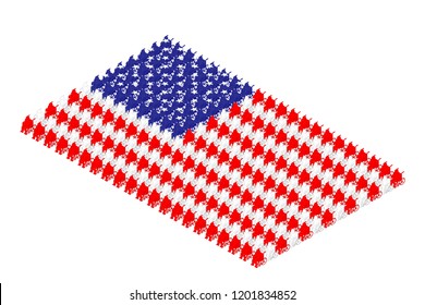 Isometric disabled man with wheelchair icon pictogram in row, United States national flag shape concept design illustration isolated on white background, Editable stroke