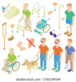 Isometric disabled people care set. Universal disabled people care icons to use for web and mobile UI, set of basic disabled people care elements isolated vector illustration