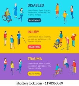 Isometric Disabled People Characters Banner Horizontal Set Blind Patient. Vector illustration of Disability Persons