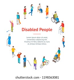 Isometric Disabled People Characters Banner Card Circle Blind Patient. Vector illustration of Disability Persons