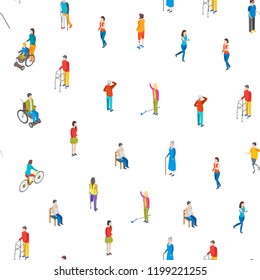 Isometric Disabled People Characters Seamless Pattern Background on a White Blind Patient. Vector illustration of Disability Persons