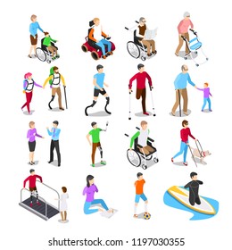 Isometric disabled people. Disability care, disabled elderly senior in wheelchair and limb prosthetics. Disabilities people working, physiotherapy rehabilitation exercise vector isolated icons set