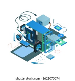 Isometric Disassembled Computer Case With Components.