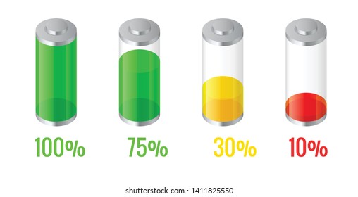 Isometric discharged and fully charged battery energy for mobile phone. Battery charge indicator icons. Accumulator indicator.