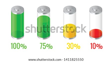 Isometric discharged and fully charged battery energy for mobile phone. Battery charge indicator icons. Accumulator indicator.