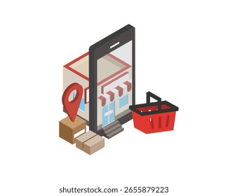 promoção de modelo de banner de desconto isométrico para e-commerce com smartphone