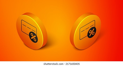 Isometric Discount card with percent icon isolated on orange background. Loyalty points card. Orange circle button. Vector