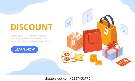 Isometric discount concept. Marketing and advertising on Internet. Large packages with purchases and gifts. Cashback and interest. Online shopping and electronic commerce. Cartoon vector illustration