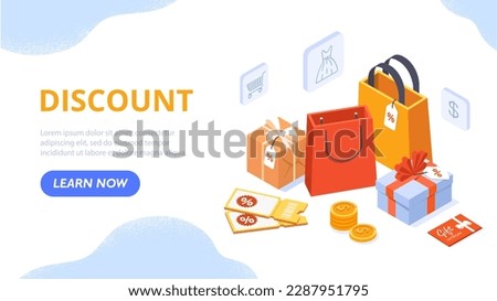 Isometric discount concept. Marketing and advertising on Internet. Large packages with purchases and gifts. Cashback and interest. Online shopping and electronic commerce. Cartoon vector illustration